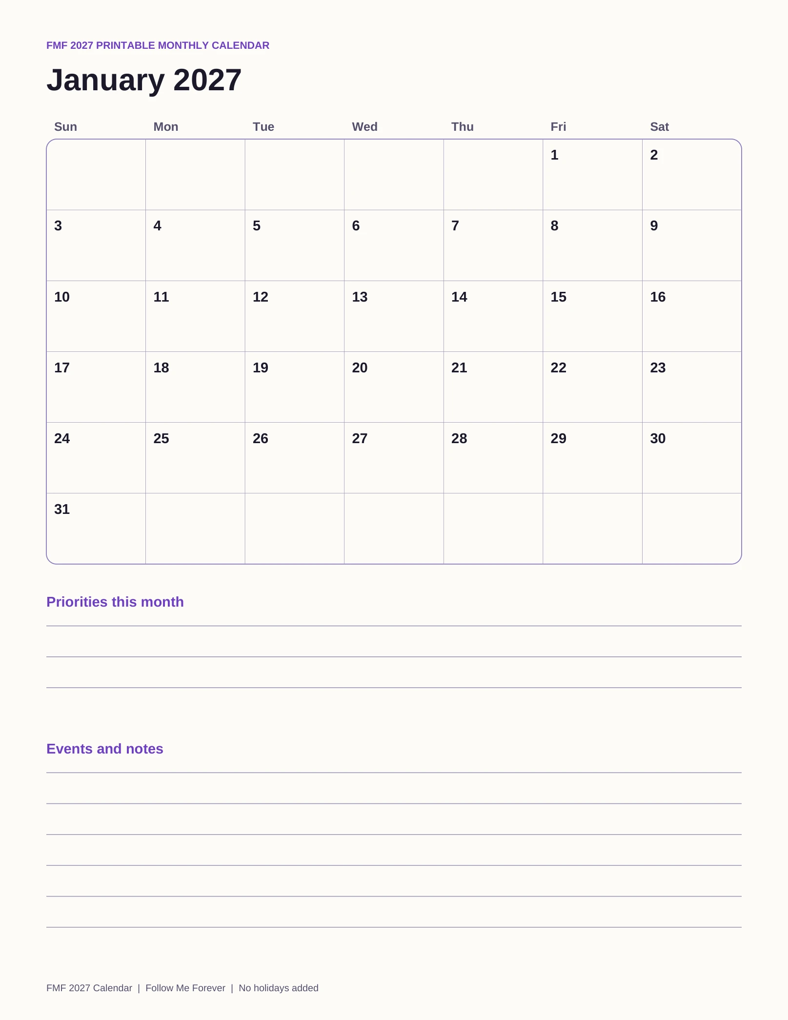 January 2027 monthly calendar, Sunday through Saturday, with the dates for the month and a notes area.