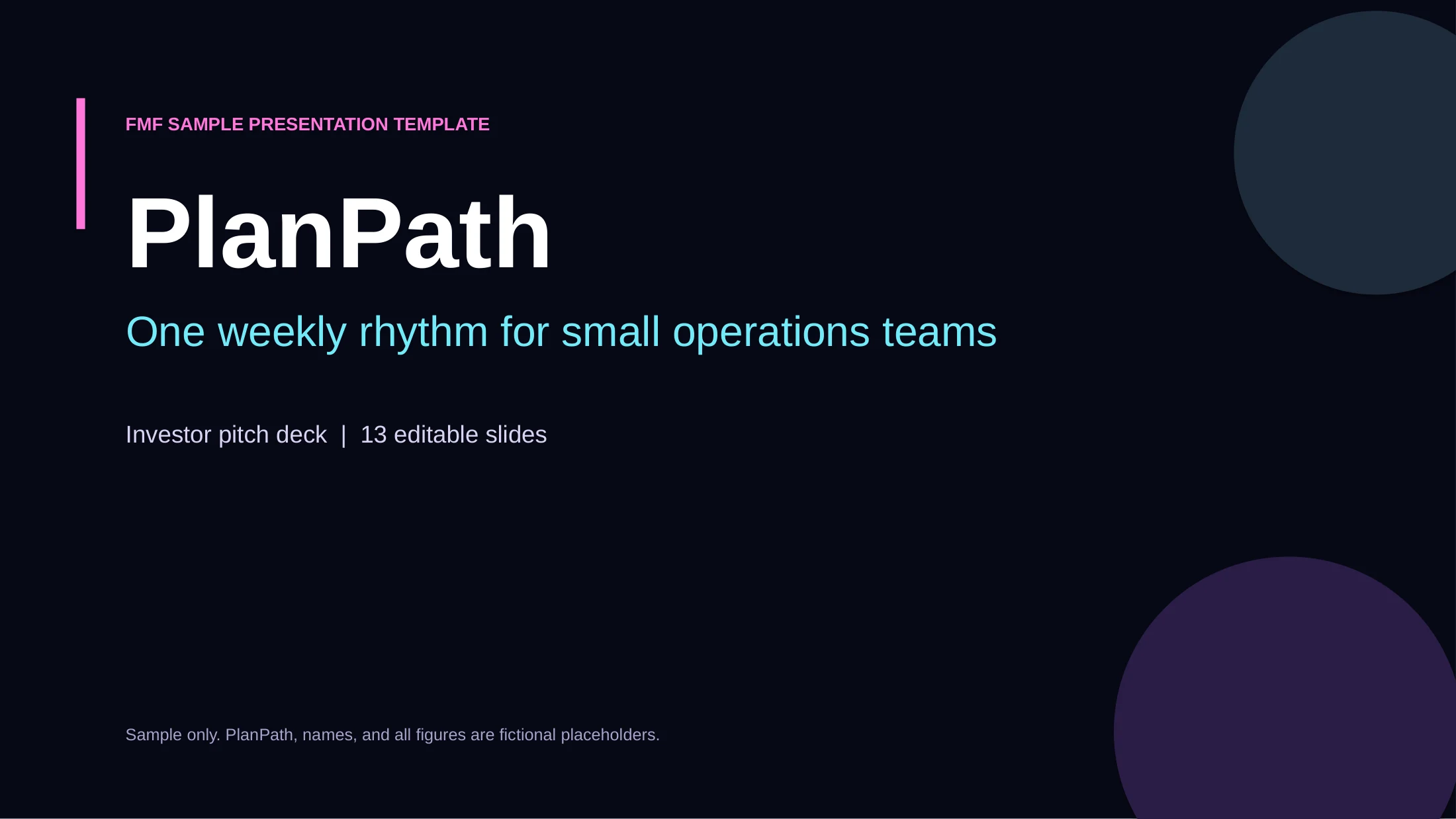 Title slide of a 13-slide investor pitch: One weekly rhythm for small operations teams.