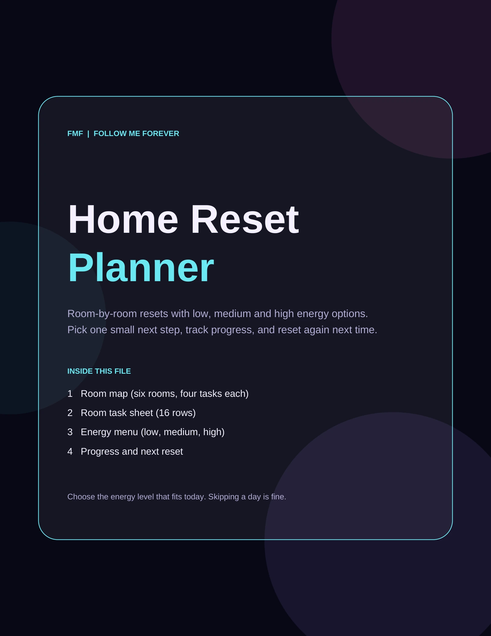Cover of the home reset planner. It lists a room map, a 16-row task sheet, an energy menu, and a progress page.
