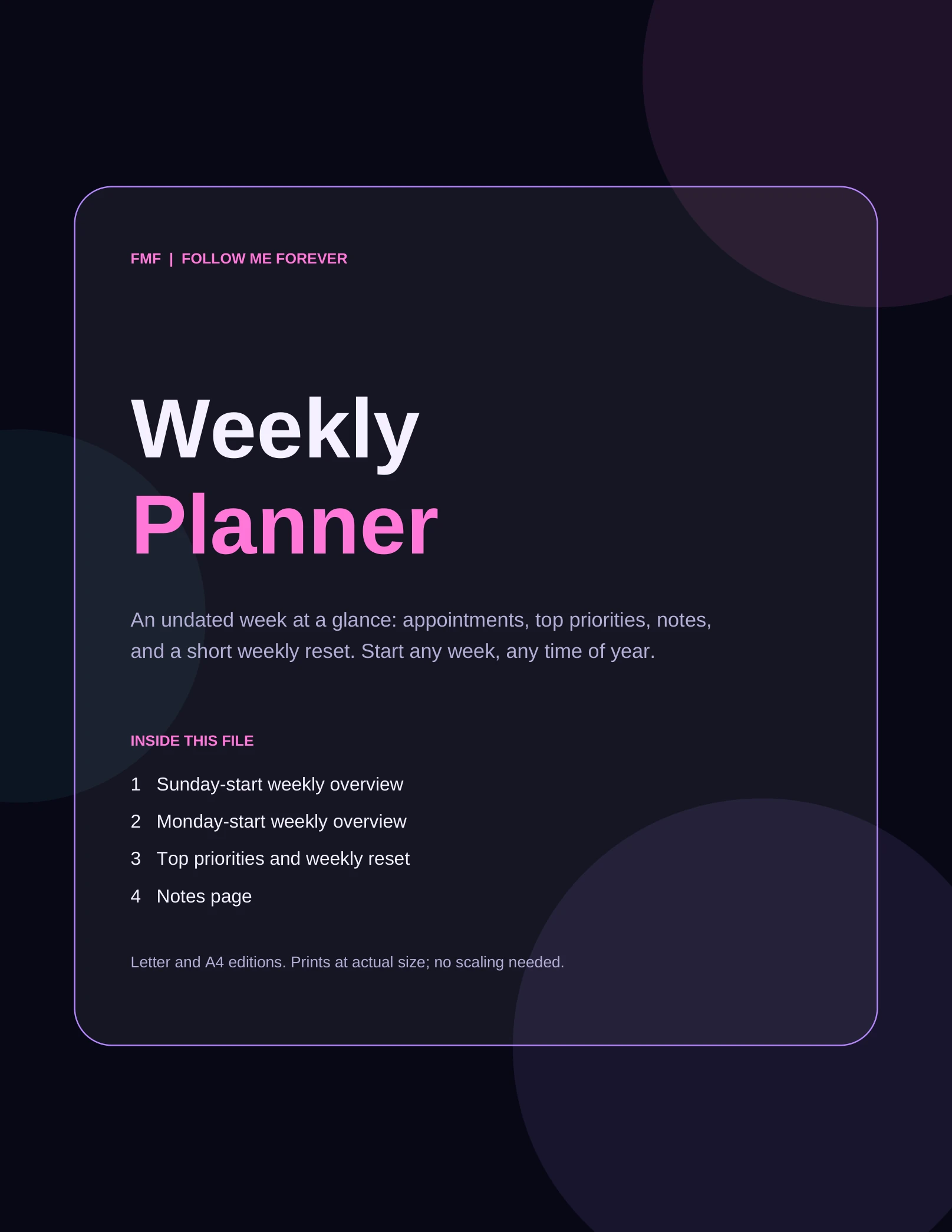 Cover of the undated FMF weekly planner. It lists a Sunday-start overview, a Monday-start overview, and a priorities and weekly reset page.