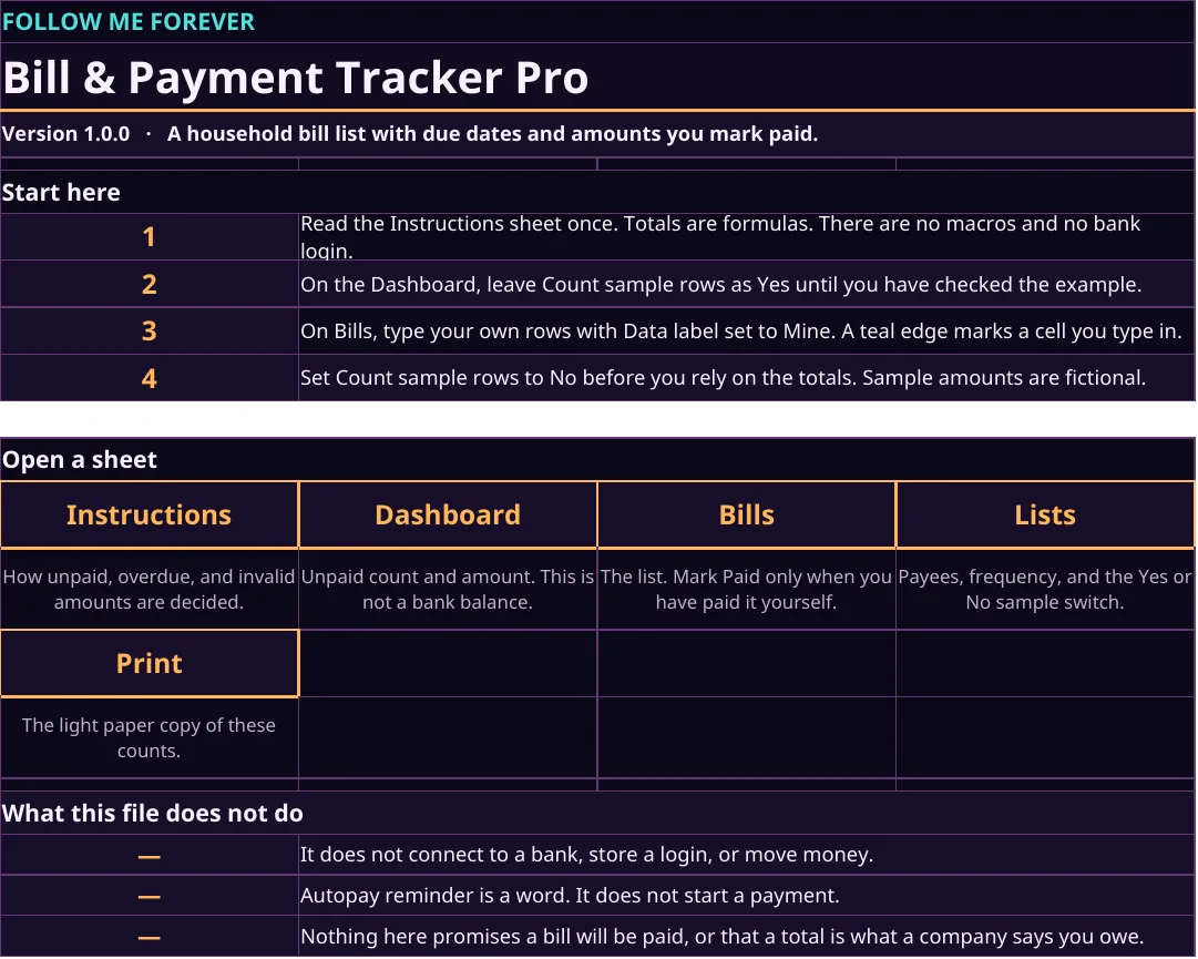 FMF Bill Tracker Pro home sheet on a dark plum page, with accent links to the dashboard, bills, and the light Print sheet.
